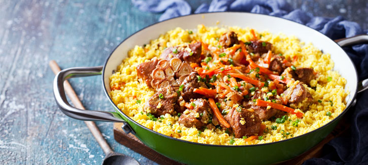 Bloemkoolcouscous met biefstukreepjes